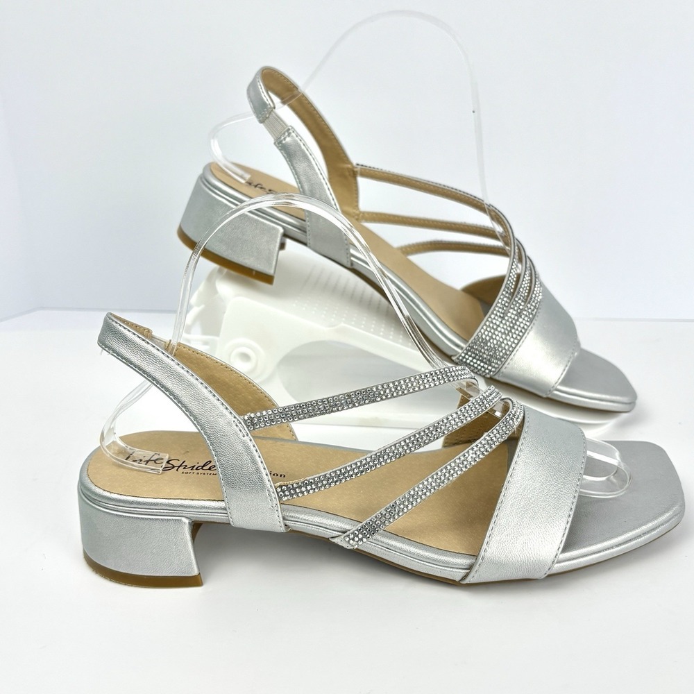 LifeStride Joy Silver Rhinestone Slingback Dressy Sandals Shoes 9.5M Block Heel